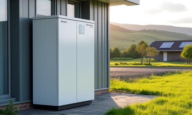 Battery storage unit with solar panels in background at a community center in County Cork